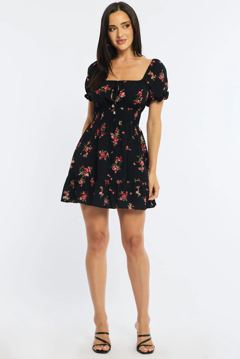 Black Floral Fit And Flare Dress Puff Sleeve